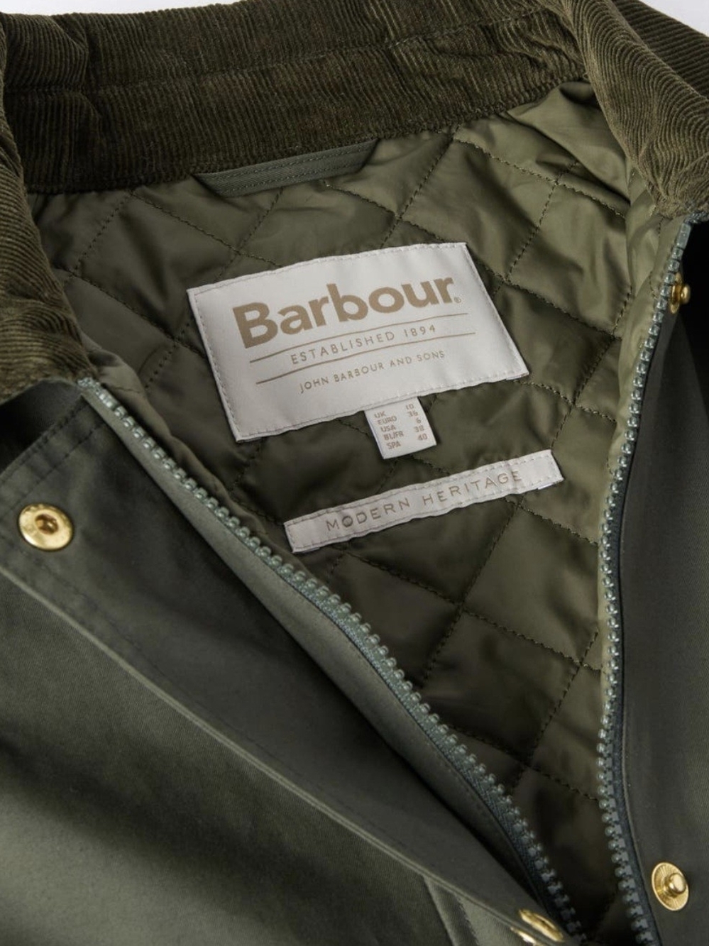 Barbour Phoebe Casual Cropped Jacket Olive Green Corduroy Trim Size US 6 - Picture 8 of 10